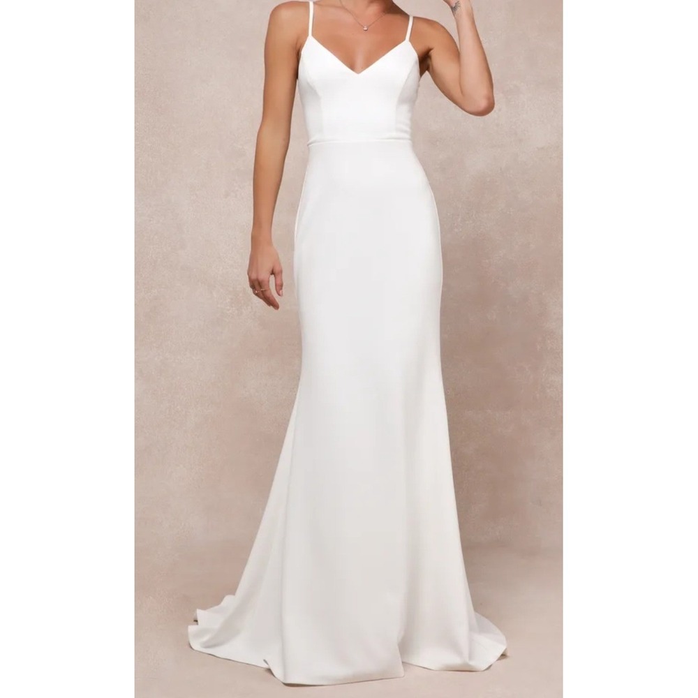 Lulus Feeling of Forever White Mermaid Maxi Wedding Dress NWT Sz M Needs Zipper